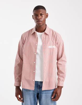 Asos Design Regular Fit Striped Shirt With Chest Embroidery In Red
