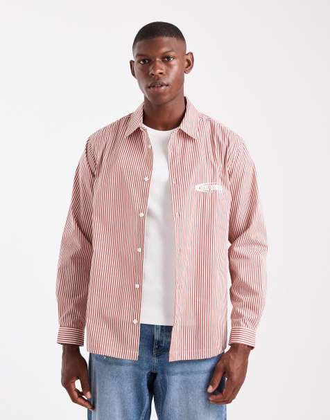 ASOS DESIGN regular fit striped shirt with chest embroidery in red - view 1