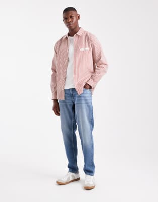 Asos Design Regular Fit Striped Shirt With Chest Embroidery In Red