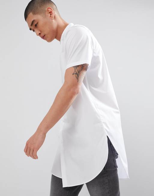 ASOS DESIGN regular fit super longline shirt with grandad collar in white