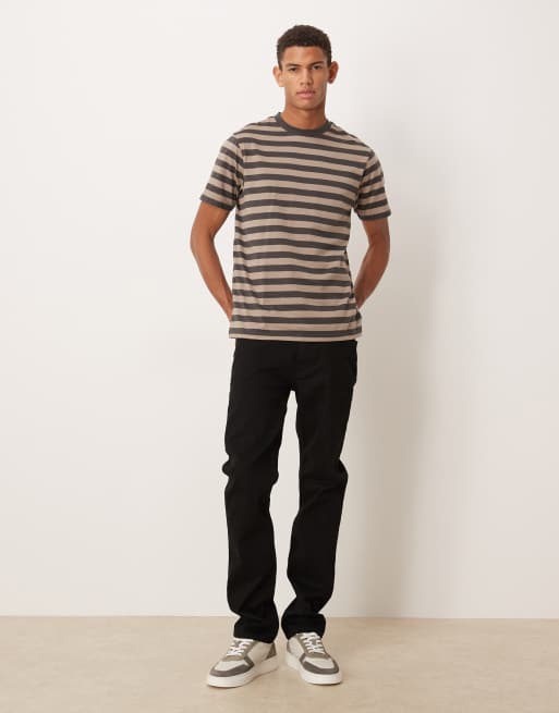 ASOS DESIGN regular fit t-shirt in beige and charcoal stripe, 2 of 5