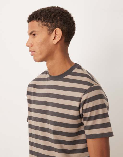 ASOS DESIGN regular fit t-shirt in beige and charcoal stripe, 4 of 5