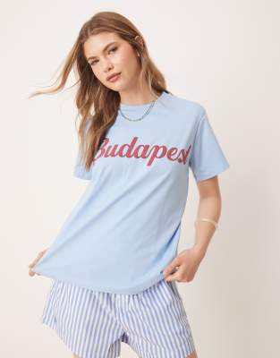 ASOS DESIGN - Regular-Fit-T-Shirt in Blau mit „Budapest"-Print