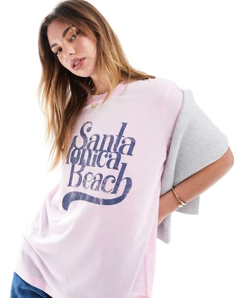 ASOS DESIGN regular fit t-shirt in burn out with Santa Monica beach graphic in pink - view 1