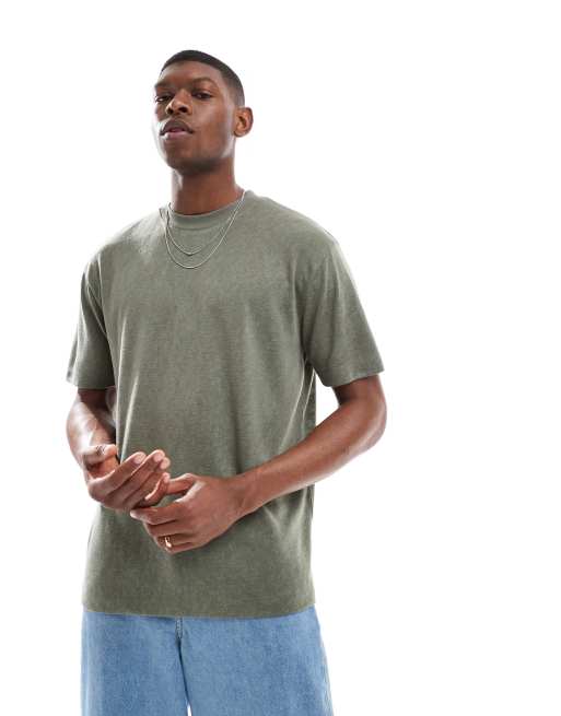 ASOS DESIGN – Regular-Fit-T-Shirt in Leinenoptik in staubigem Olivgrün
