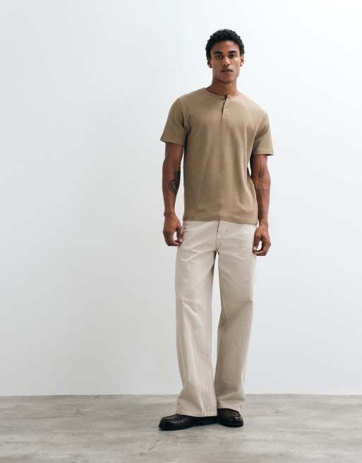 ASOS DESIGN regular fit T-shirt med henley i brun vaffelstruktur, 2 af 5