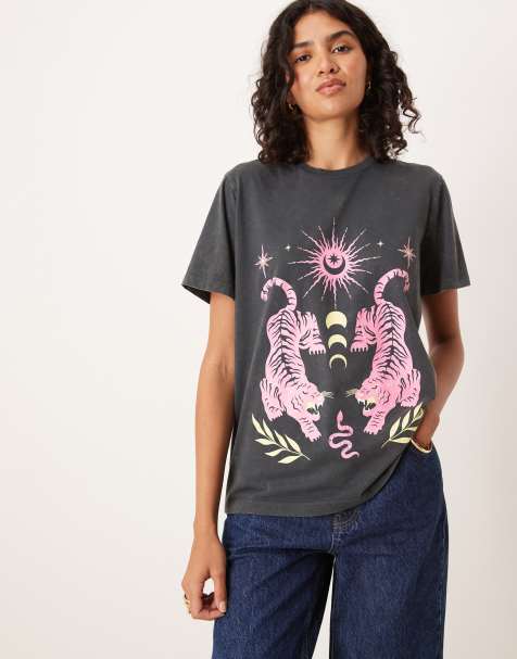 ASOS DESIGN - Regular-fit T-shirt met grafische astrologische tijgerprint in antracietgrijs met wassing - view 1