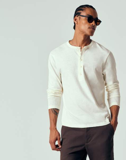 ASOS DESIGN - Regular-fit T-shirt met linnenlook, lange mouwen en Henley-hals in crème - view 1