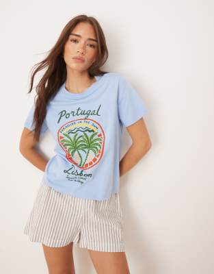 ASOS DESIGN - Regular-fit T-shirt met Portugal- en palmboomprint in blauw