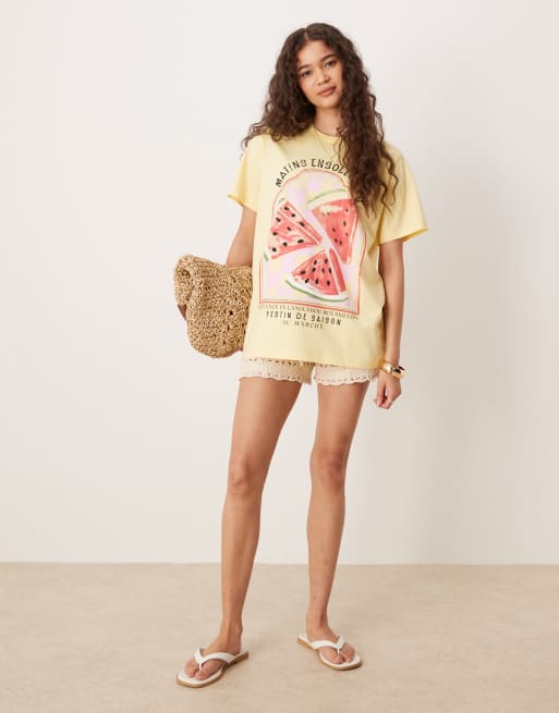 ASOS DESIGN - Regular-fit T-shirt met watermeloenprint in lichtgeel, 2 van 4