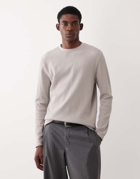 ASOS DESIGN - Regular-fit T-shirt van wafelstof met lange mouwen in stone - view 1