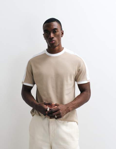 ASOS DESIGN - Regular-fit T-shirt van zware stof met contrasterende panelen in beige - view 1