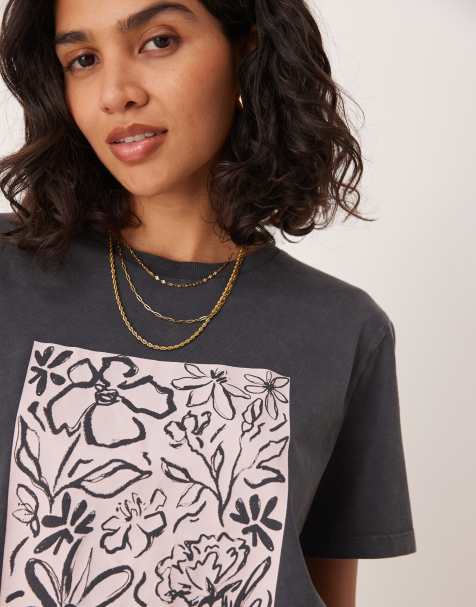 ASOS DESIGN regular fit t-shirt with atelier floral graphic in washed charcoal - view 1