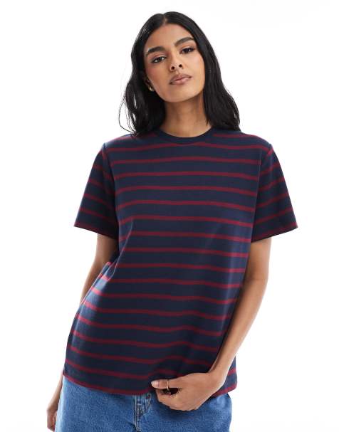 ASOS DESIGN regular fit t-shirt with burgundy and navy stripe design - view 1