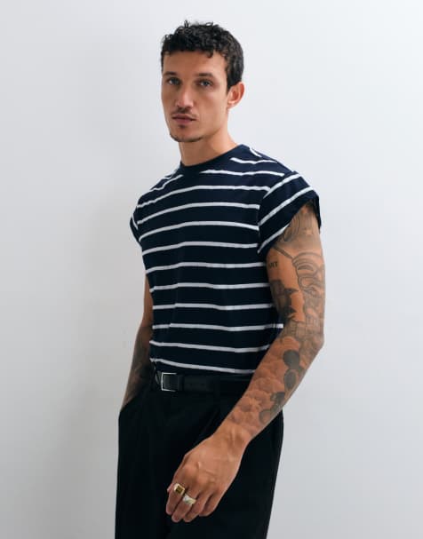 ASOS DESIGN regular fit t-shirt with cap sleeve in navy and white stripe - view 1