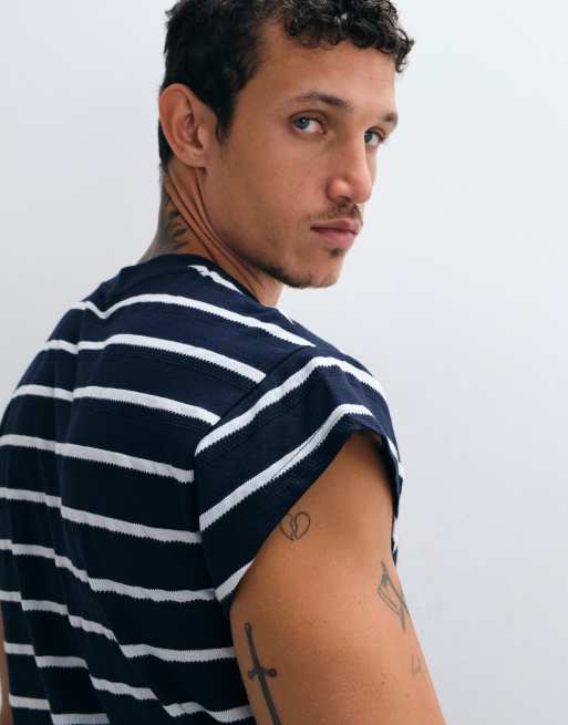 ASOS DESIGN regular fit t-shirt with cap sleeve in navy and white stripe, 2 of 5