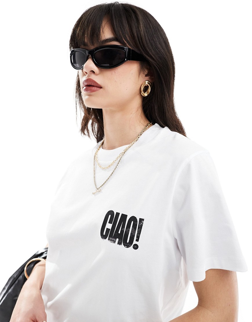 ASOS DESIGN regular fit t-shirt with ciao chest graphic in white