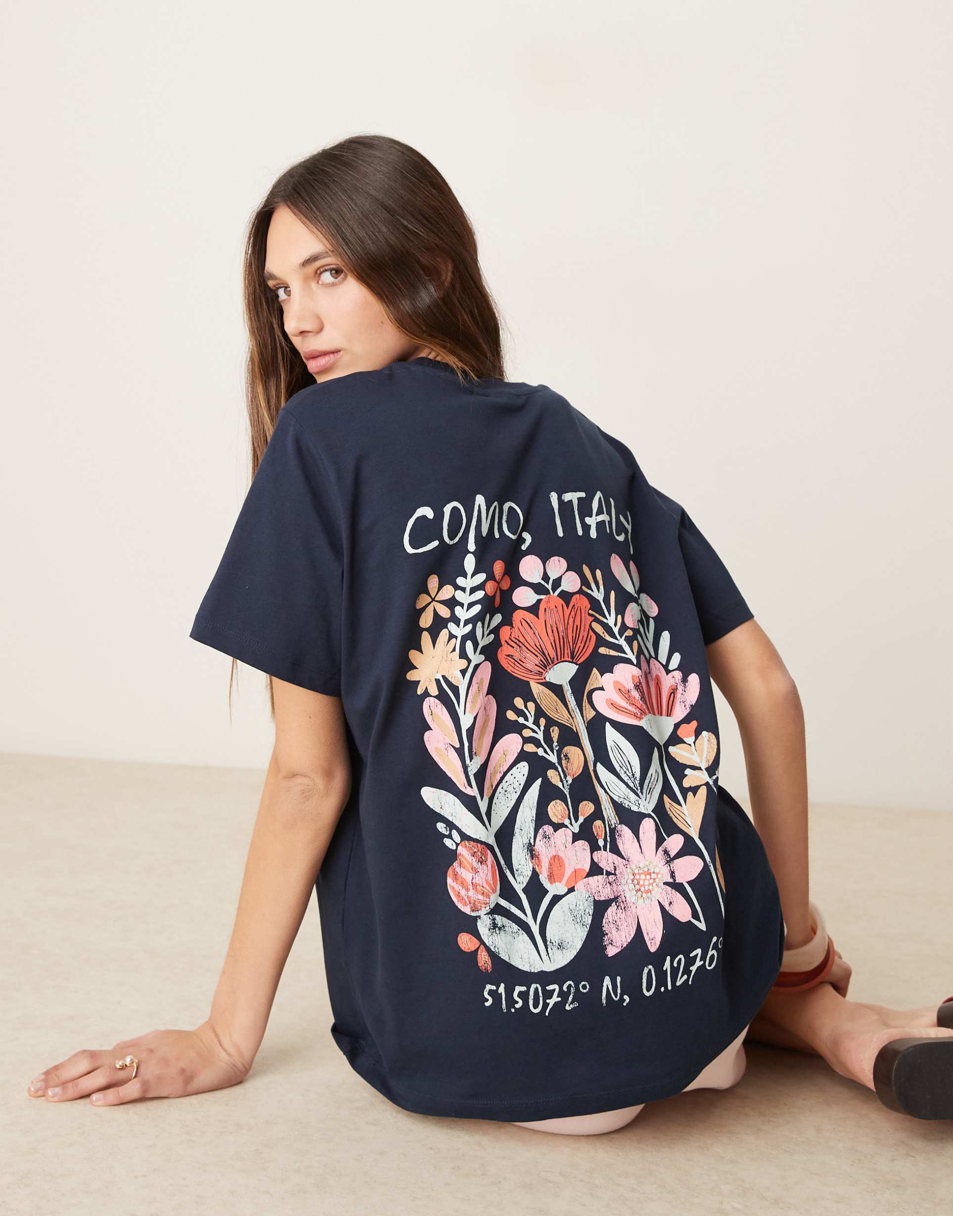 asos design regular fit t-shirt with como italy floral print in navy