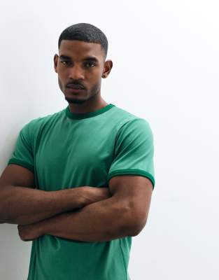 Asos Design Regular Fit T-shirt With Contrast Ringer Detailing In Green