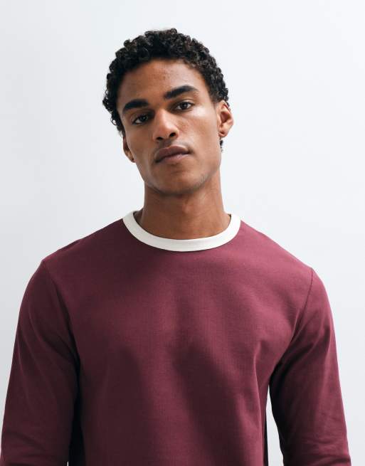 ASOS DESIGN regular fit t-shirt with contrast ringer in burgundy, 2 of 5