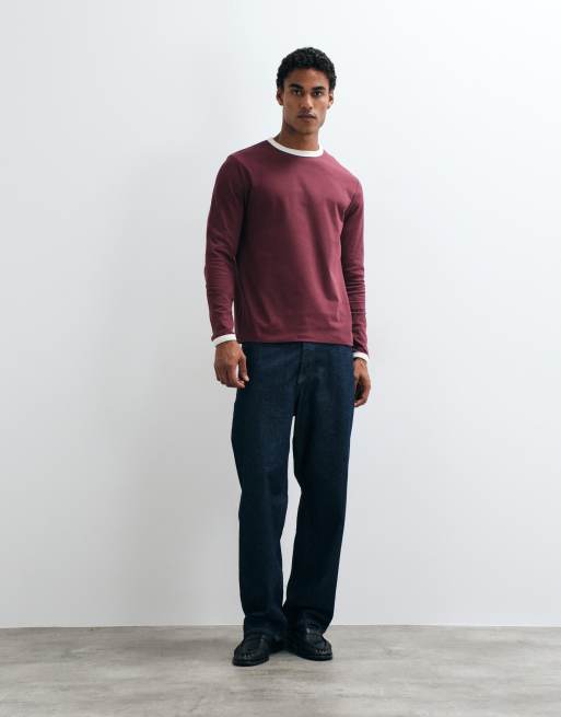 ASOS DESIGN regular fit t-shirt with contrast ringer in burgundy, 3 of 5