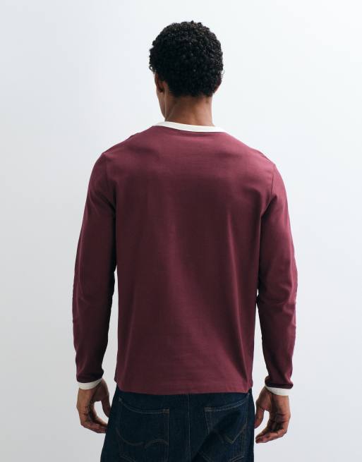 ASOS DESIGN regular fit t-shirt with contrast ringer in burgundy, 5 of 5
