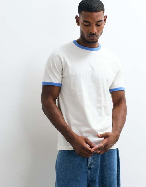 ASOS DESIGN regular fit t-shirt with contrast ringer in cream and blue, 5 of 5
