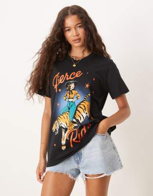 ASOS DESIGN regular fit t-shirt with cowgirl tiger graphic in black - view 1