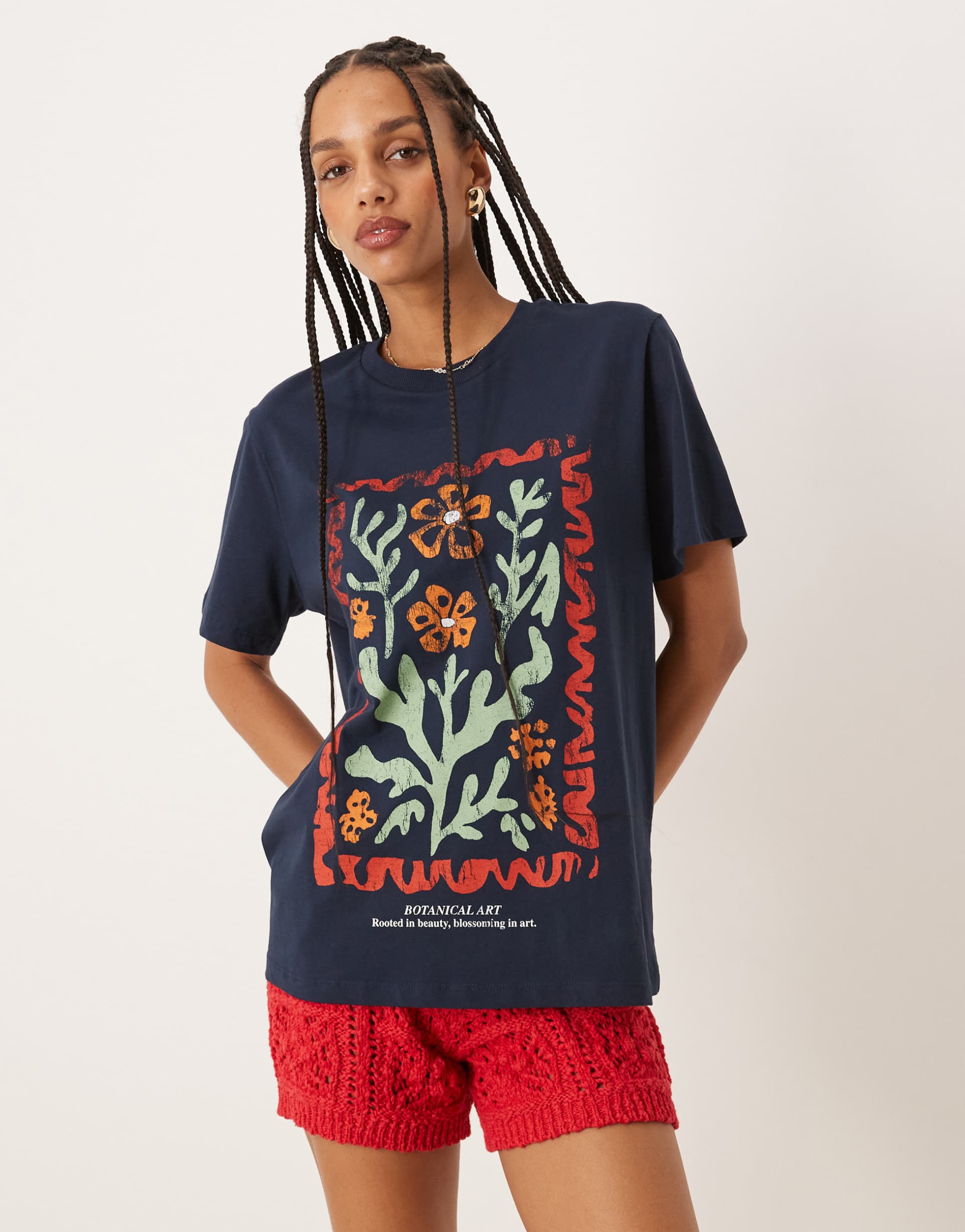 asos design regular fit t-shirt with floral design in navy