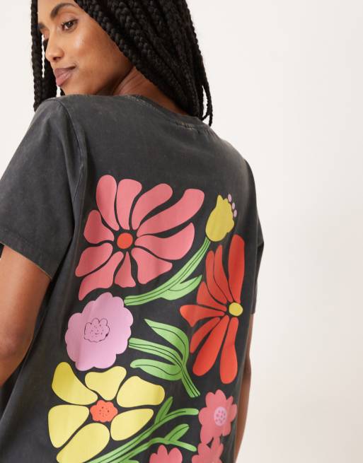 ASOS DESIGN regular fit t-shirt with flower market art graphic in washed charcoal