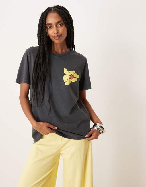 ASOS DESIGN regular fit t-shirt with flower market art graphic in washed charcoal