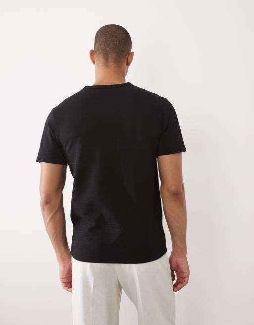 ASOS DESIGN regular fit t-shirt with henley neck in black seersucker, 5 of 5