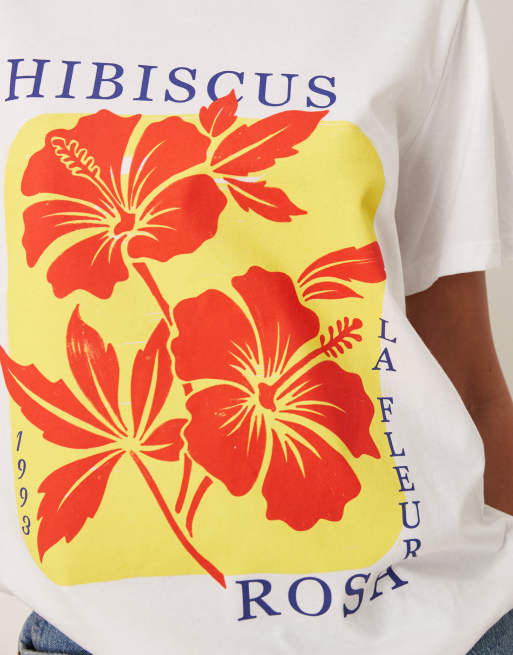 ASOS DESIGN regular fit T-shirt with hibiscus flower graphic in white