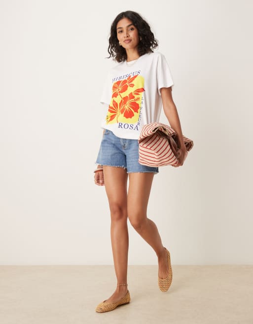 ASOS DESIGN regular fit T-shirt with hibiscus flower graphic in white