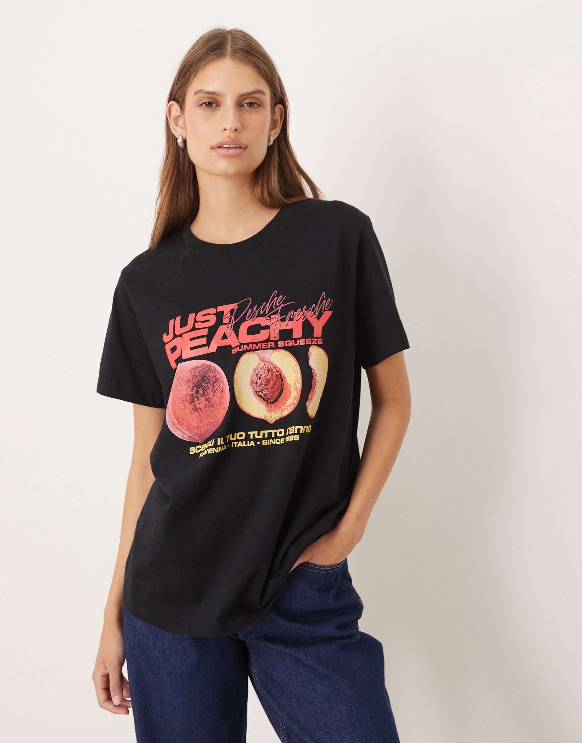 asos design regular fit t-shirt with peachy graphic in black