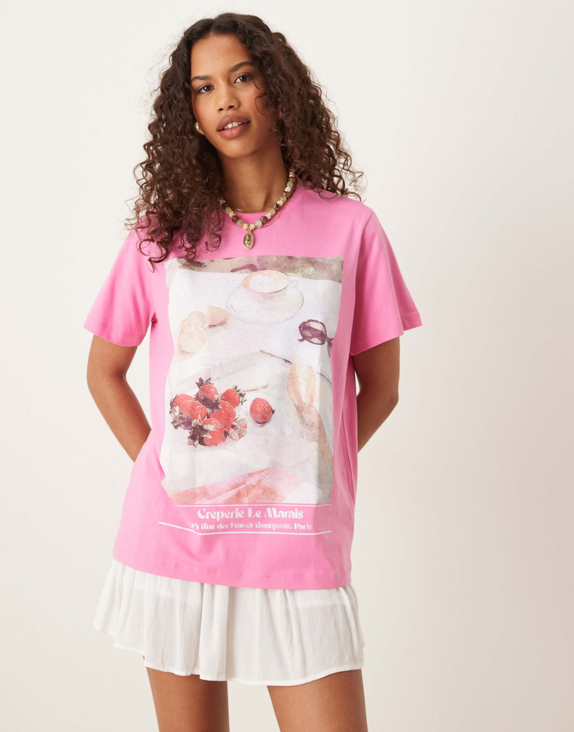 asos design regular fit t-shirt with picnic graphic in pink