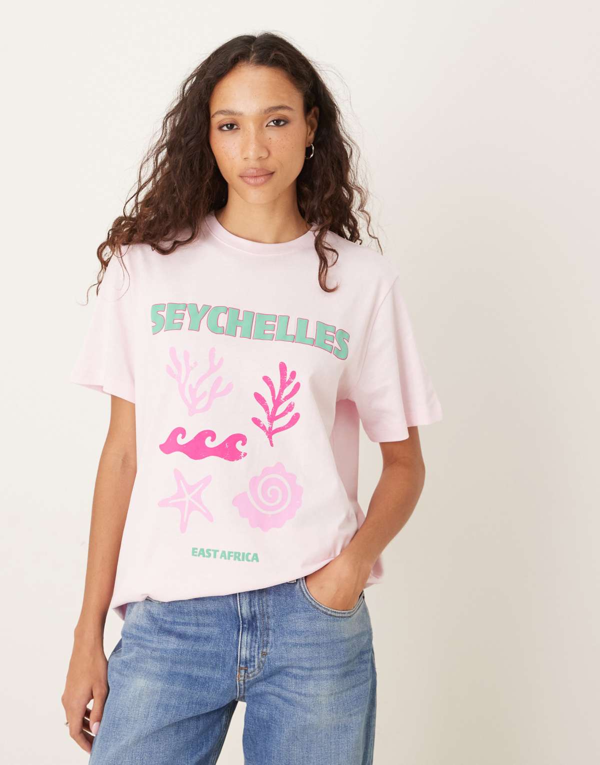 ASOS DESIGN regular fit t-shirt with seychelles shell embroidered graphic in pink