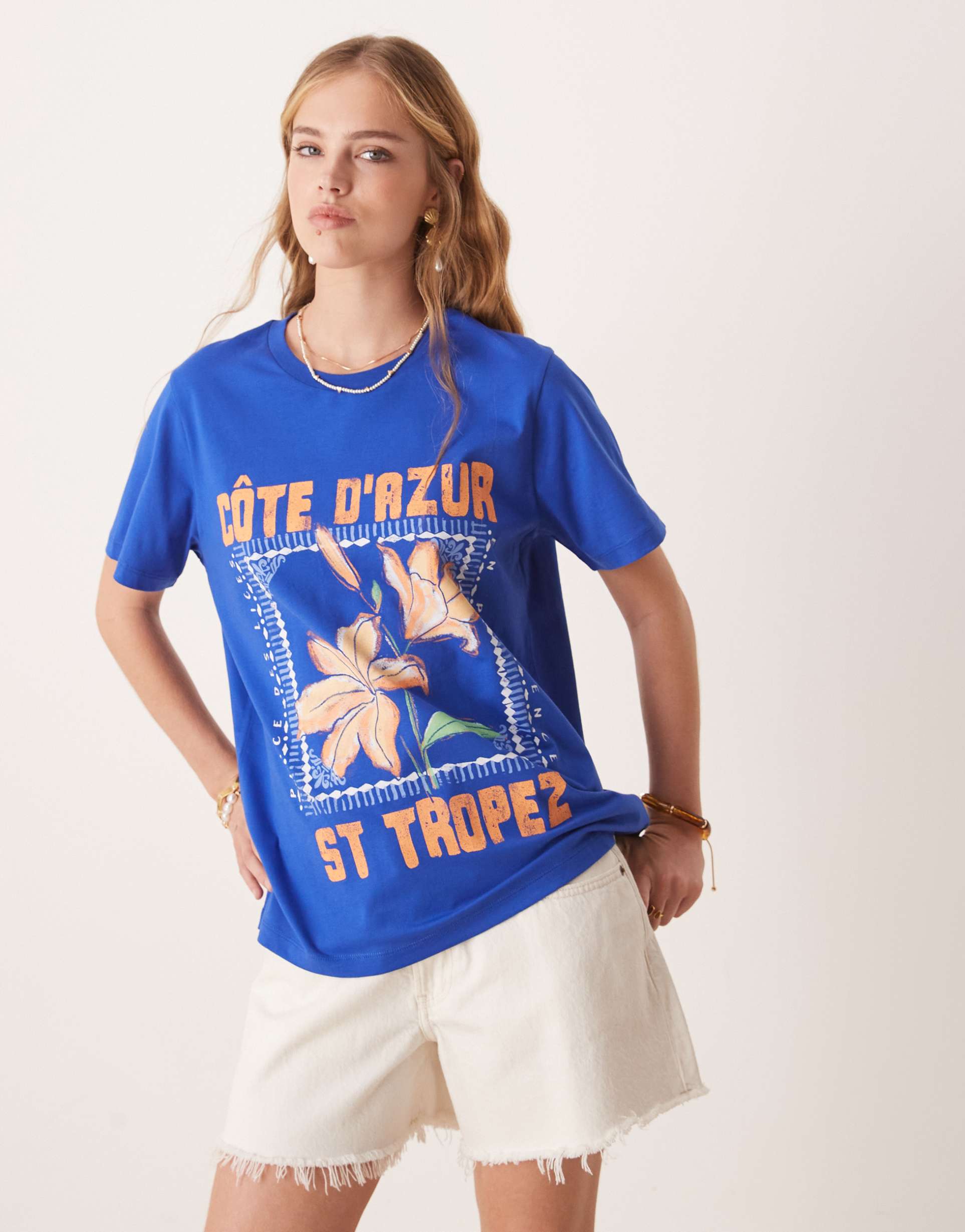 asos design regular fit t-shirt with st tropez graphic in blue