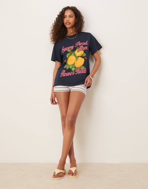 ASOS DESIGN regular fit T-shirt with sunny flower graphic in navy