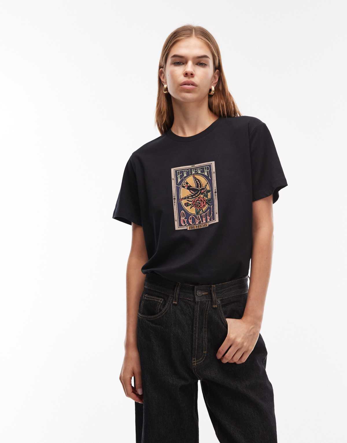 ASOS DESIGN regular fit t-shirt with tattoo style patch graphic in black
