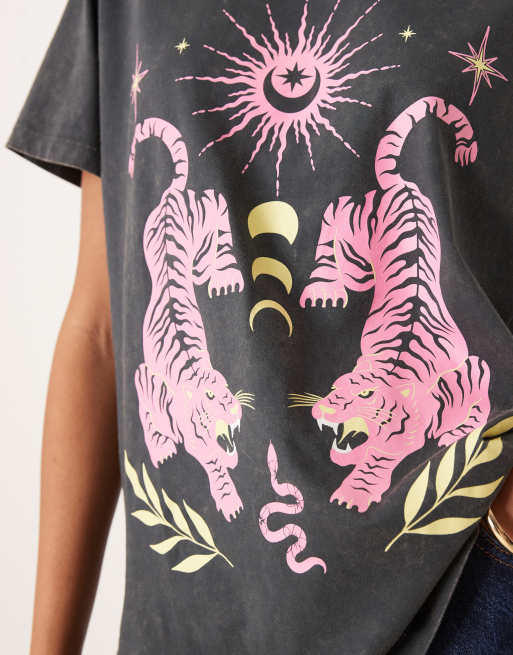 ASOS DESIGN regular fit t-shirt with tiger celestial graphic in washed charcoal, 3 of 4