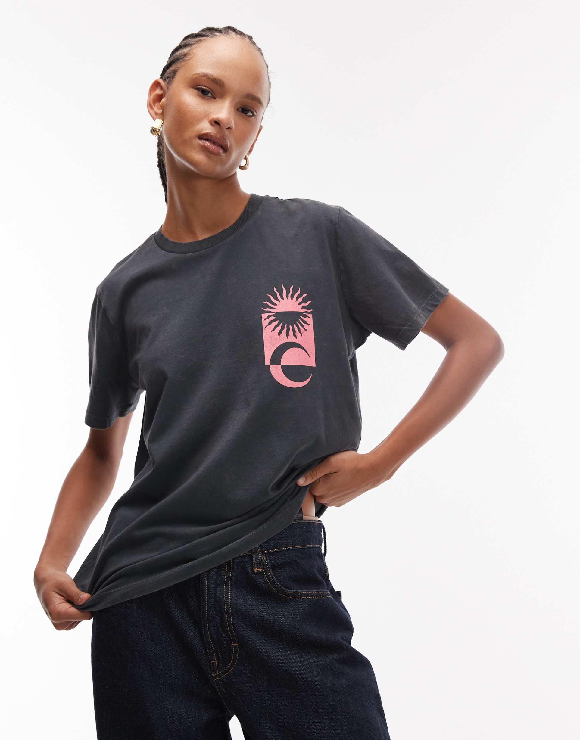 asos design regular fit t-shirt with wellbeing graphic in washed charcoal