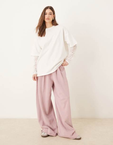 ASOS DESIGN regular fit tee with lace sleeve in ivory