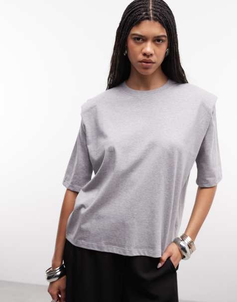 ASOS DESIGN regular fit tee with sharp shoulder pad detail in gray heather - view 1