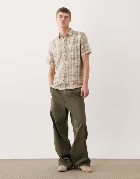 ASOS DESIGN regular fit textured check shirt in beige - view 1