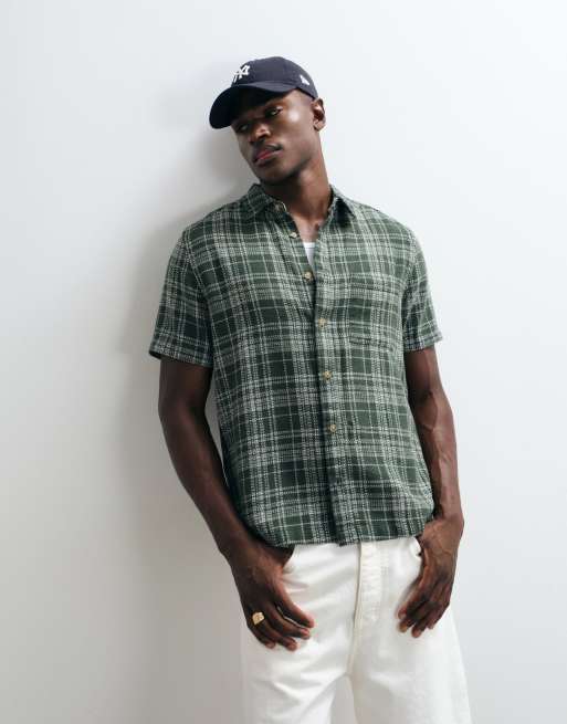 ASOS DESIGN regular fit textured check shirt in dark green, 4 of 5