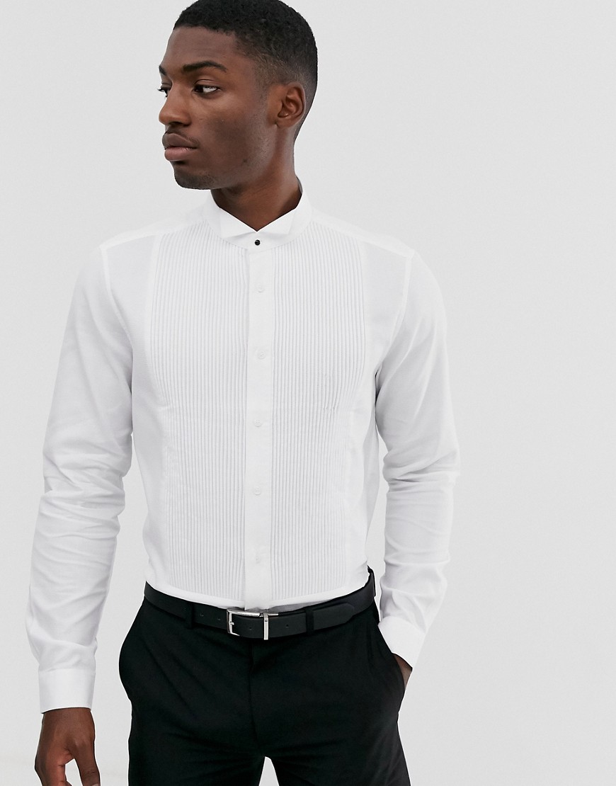 ASOS DESIGN regular fit textured pleated bib shirt with stud buttons in white