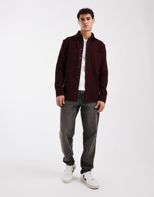 ASOS DESIGN regular fit textured shirt in burgundy, 2 of 5