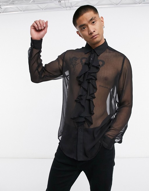 ASOS DESIGN regular fit textured shirt with ruffle front bib detail in black