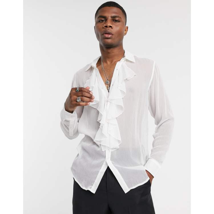 ASOS DESIGN regular fit textured shirt with ruffle front bib detail in white